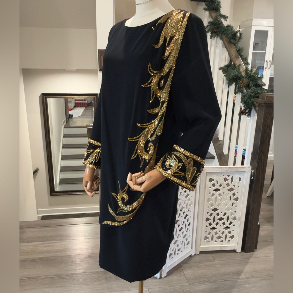 Vintage Bob Mackie Evening Black Dress with Gold Beaded Appliqué | Size 12 - Picture 6 of 11